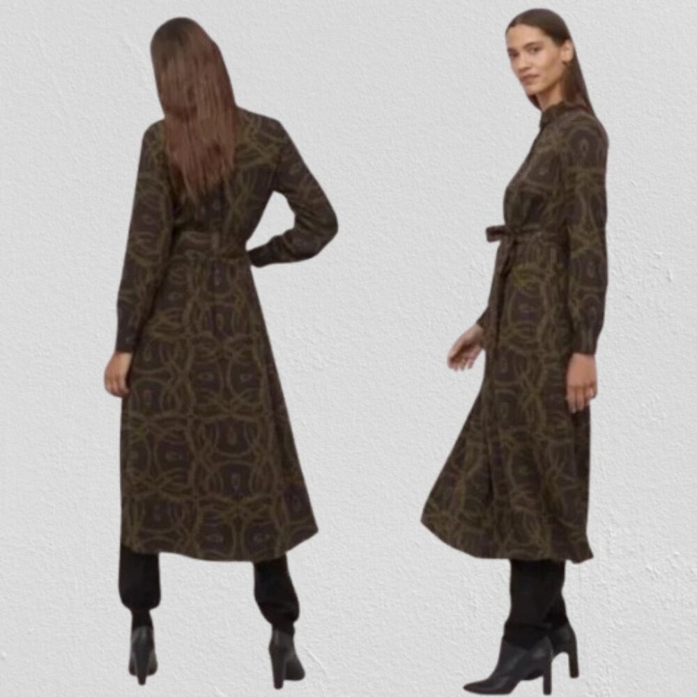 Richard Allan x H&M NWOT Women's Shirt Midi Dress Size 4 Brow/ Green Printed - Picture 2 of 12